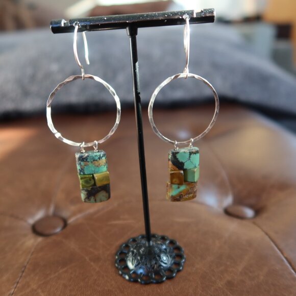 Turquoise and hammered sterling silver earrings by Dana Reed Designs 2.75" drop - Picture 2 of 13